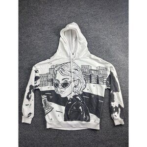Mariquita Hoodie Womens Small White Graphic City Girl All Over Print Sweatshirt